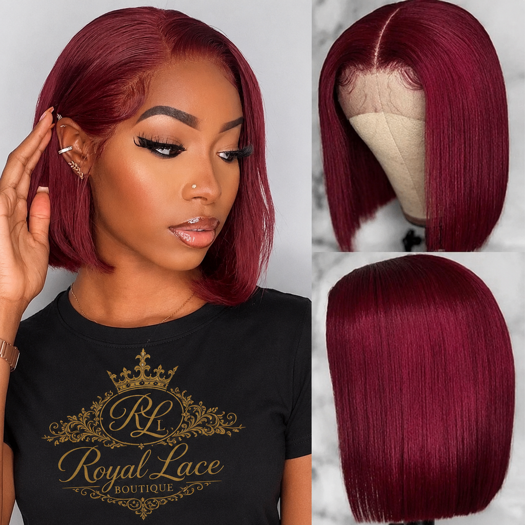 Perruque bob transparente bordeaux en cheveux humains