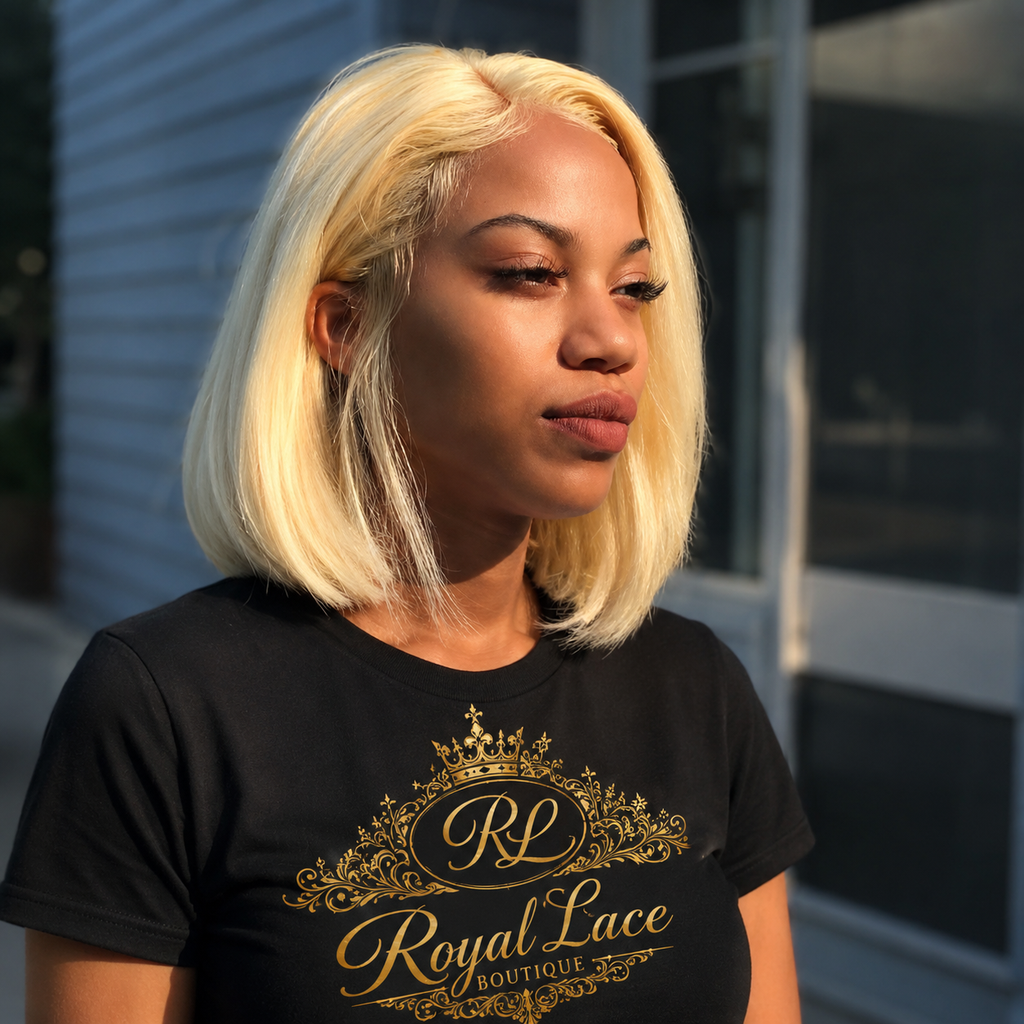 Perruque courte blonde 613, style bob, avec lace front, en cheveux humains doux et pré-épilés