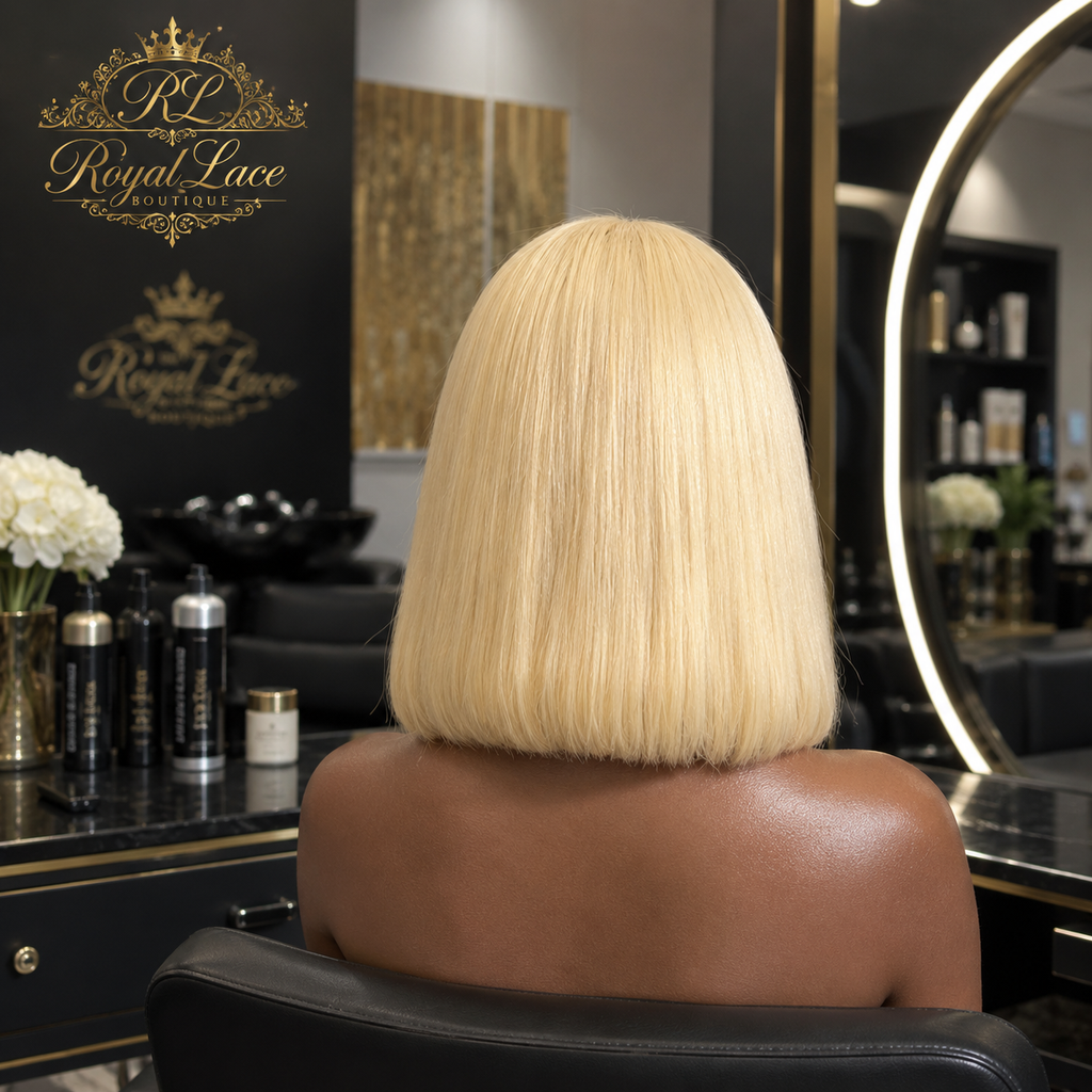 Perruque courte blonde 613, style bob, avec lace front, en cheveux humains doux et pré-épilés