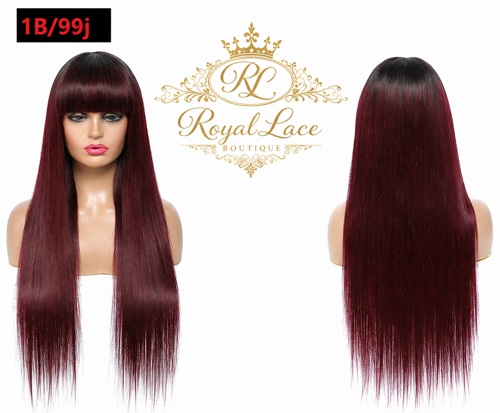 Perruque brésilienne lisse en cheveux humains avec frange #1B/99J, #99J Perruque sans colle