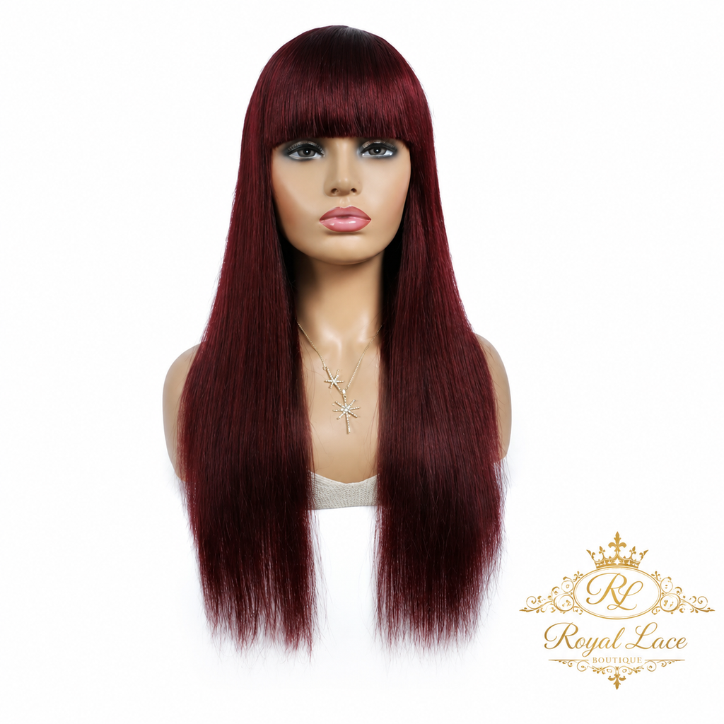 Perruque brésilienne lisse en cheveux humains avec frange #1B/99J, #99J Perruque sans colle