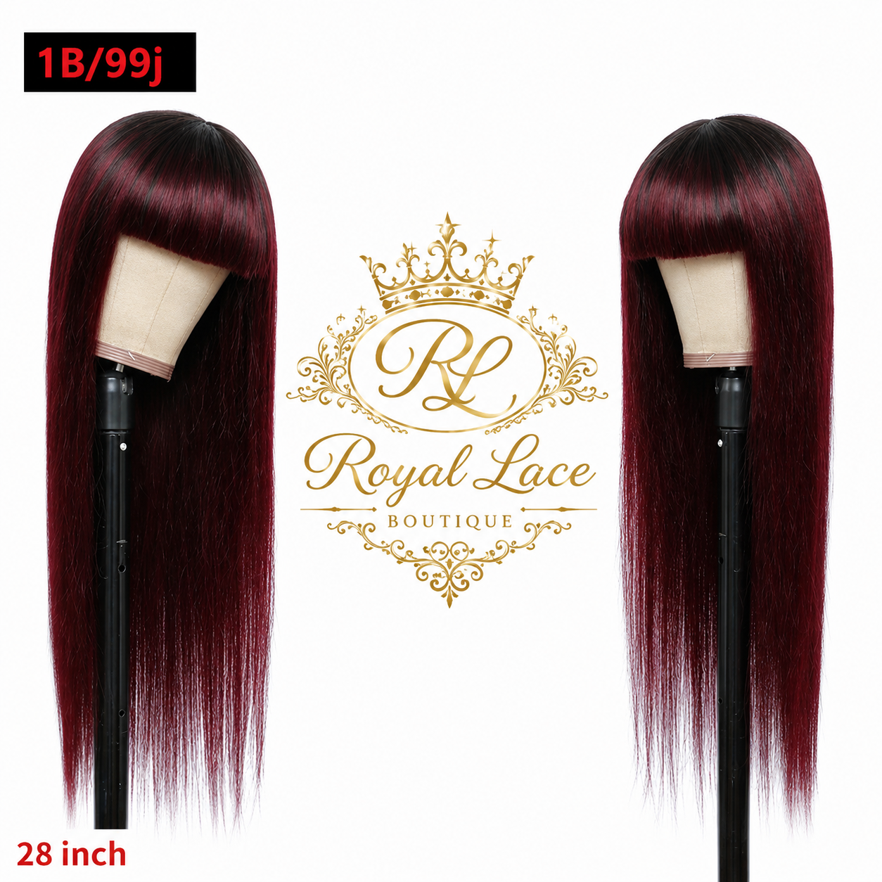 Perruque brésilienne lisse en cheveux humains avec frange #1B/99J, #99J Perruque sans colle