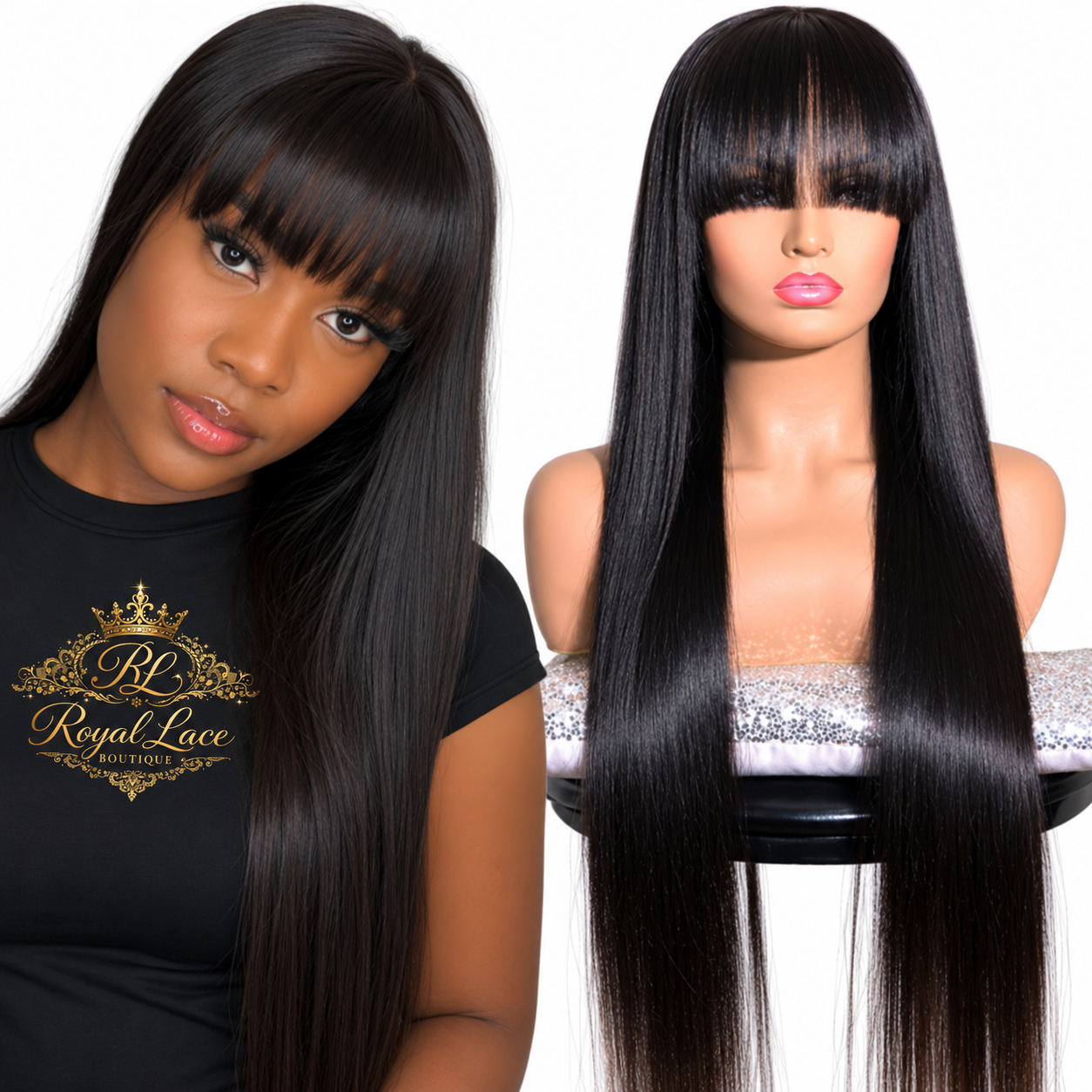 Perruques en cheveux humains lisses avec frange