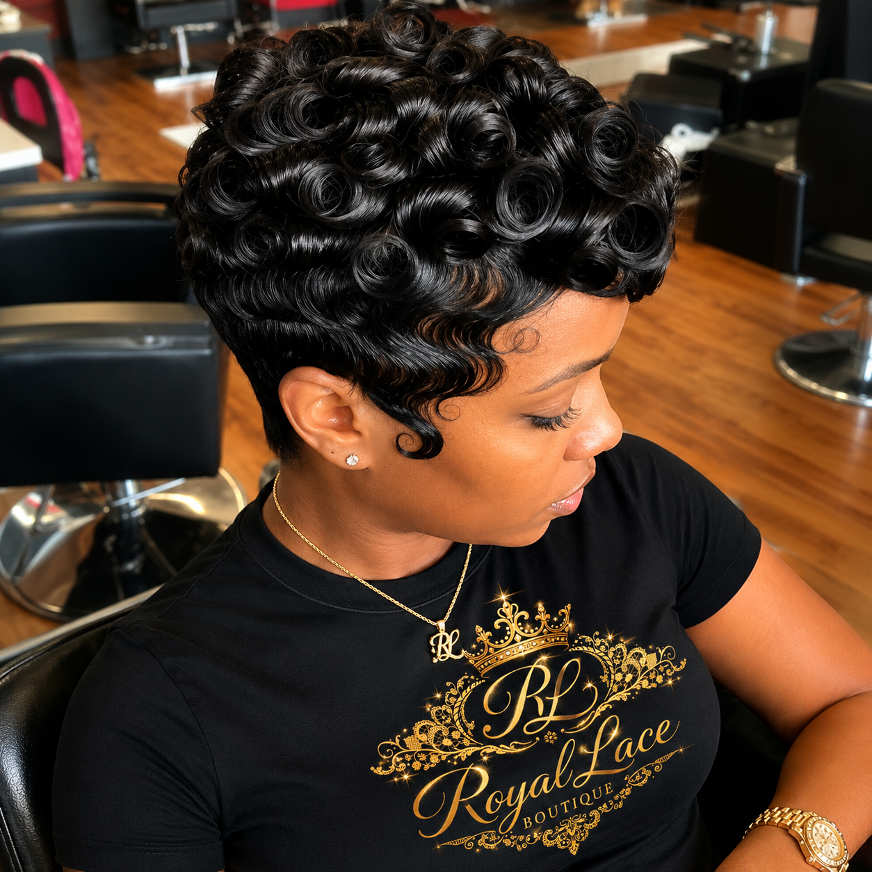 Perruque 100% cheveux humains, courte et bouclée, noire, coupe pixie, pour femmes